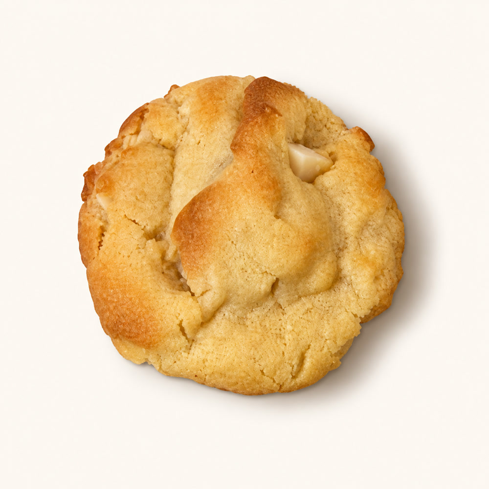 Golden macadamia cookie with pale chunks.